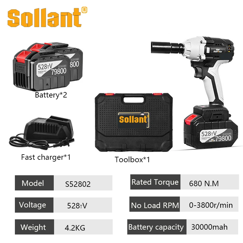 Sollant 30000mah Электрический ударный гайковерт с проводом 1/2 дюйма максимальный