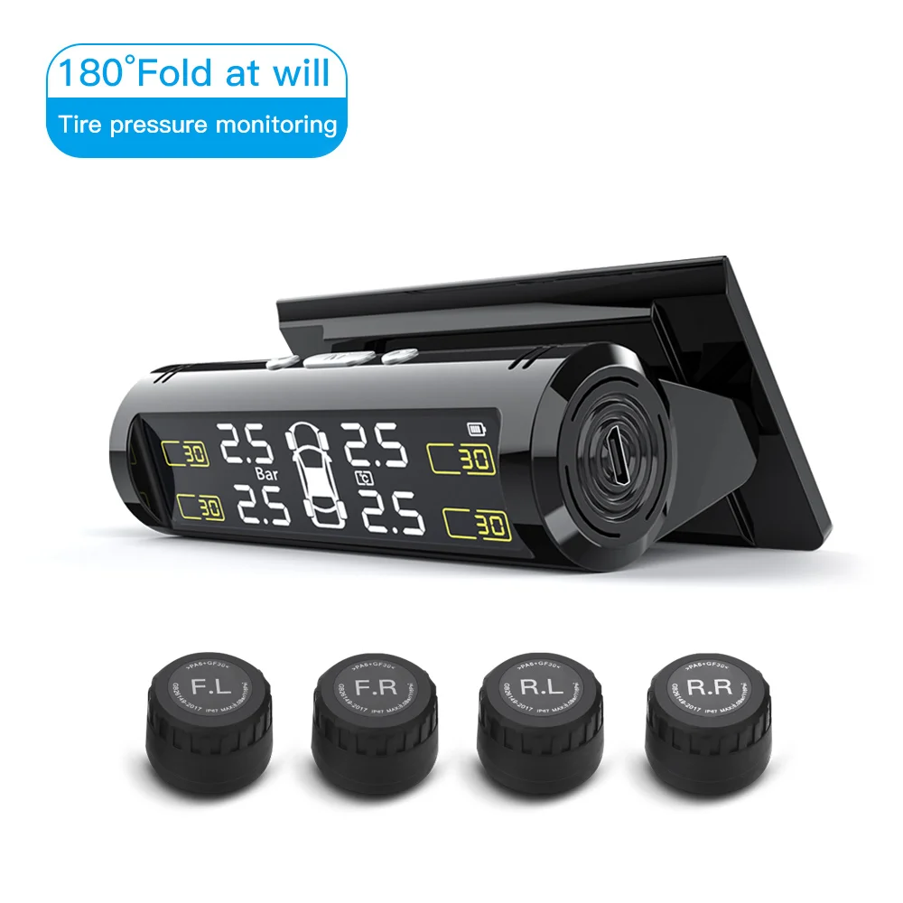 

New Folding car TPMS Solar power tire temperature tire pressure monitoring system Real-time Display with 4PCS external sensors