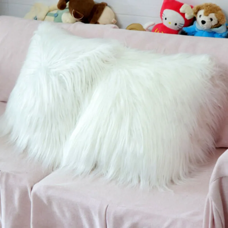 

45cm*45cm White Soft Plush Throw Pillow Case Luxury Fluffy Sofa Faux Fur Cushion Cover Bedroom Car Seat Decor 18"*18"