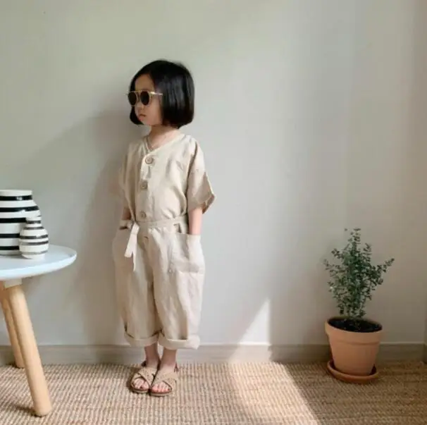 Ins/ детские комбинезоны в японском и корейском стиле для малышей, комбинезон для маленьких мальчиков и девочек, льняная одежда