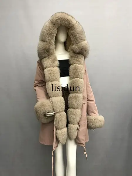 Розовый LISIDUN настоящая меховая Парка женская зимняя куртка натуральный Серебряный лисий мех пальто с капюшоном настоящая подкладка из кроличьего меха куртка женская шуба - Цвет: Розовый