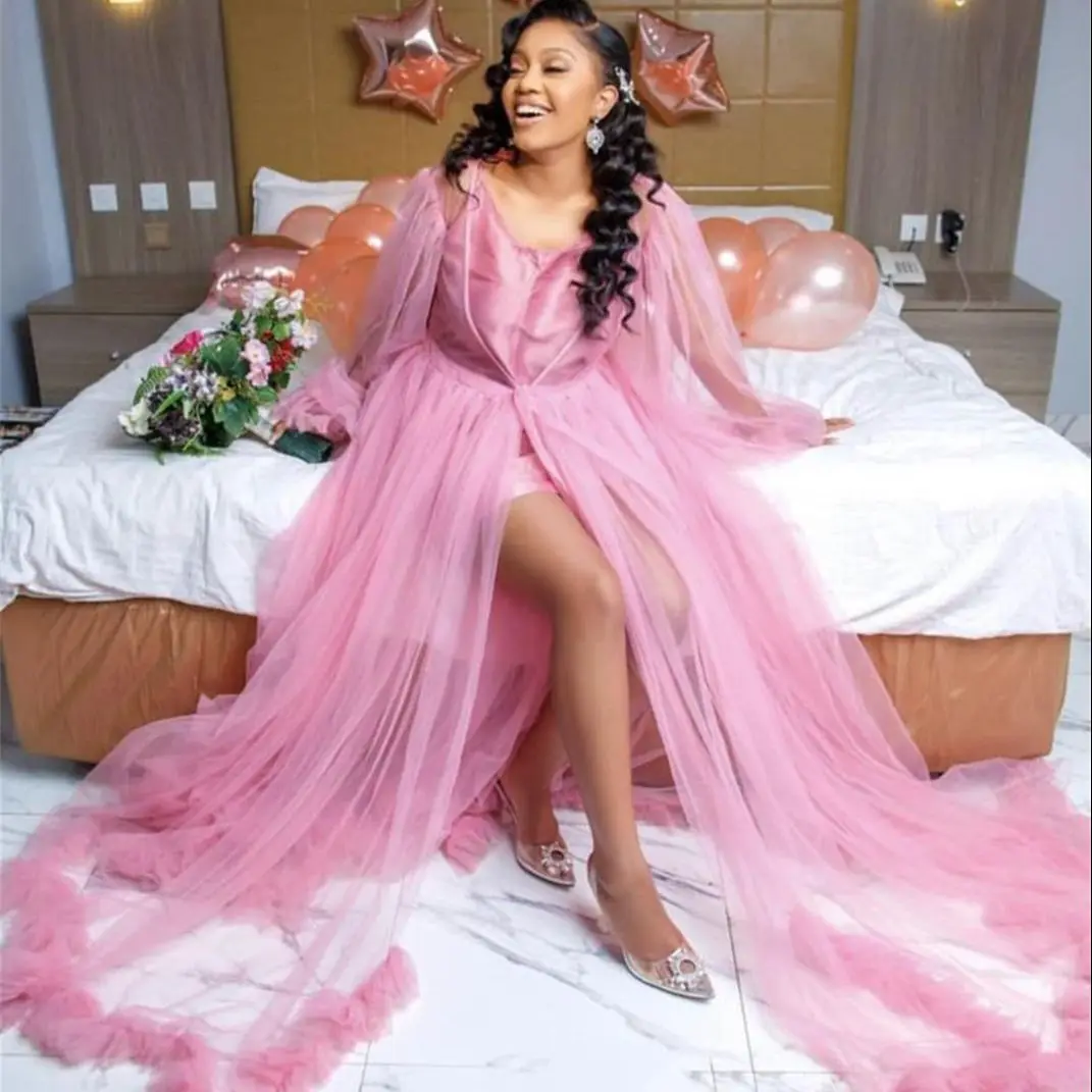 

Pink African Bridal Robes Women Sleepwear Honeymoon Lingerie Tulle Robe Long Sleeve Bathrobe Nightwear Babydoll Dress Boudoir