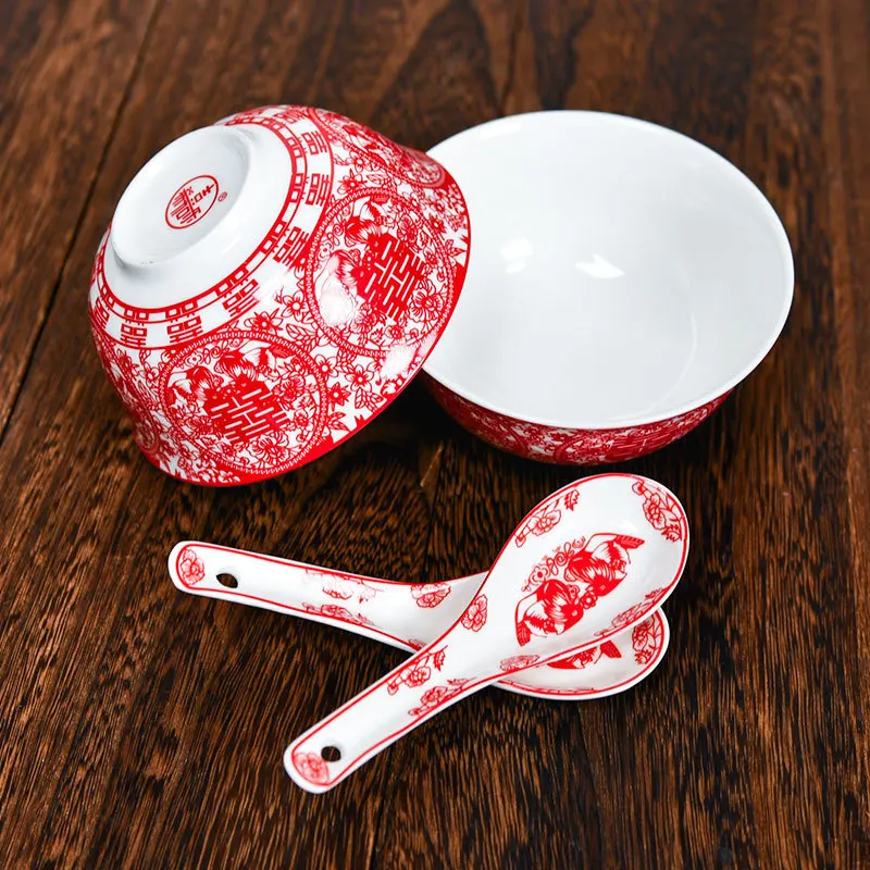 Китайская Свадебная пара чаш керамический набор чаша с красными ложками счастливый персонаж Подарочная коробка празднование брака посуда