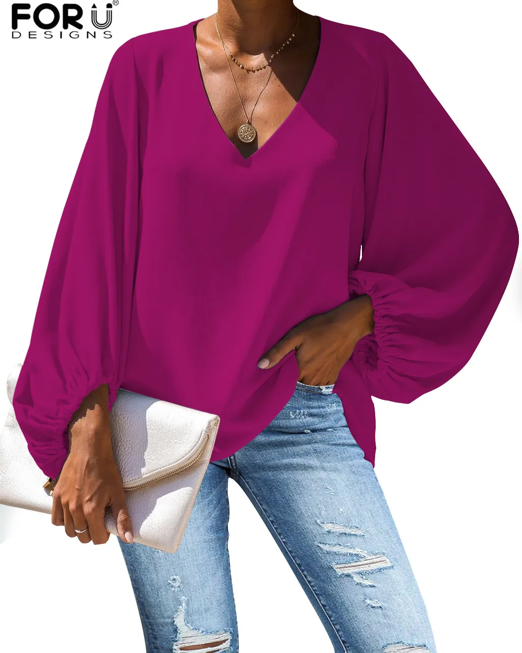 FORUDESIGNS Solid Color Full Sleeve Chiffon Shirt Summer Autumn Full Sleeve Blouse Breathable Clothes Black/Red/Gray V Neck Tops 7