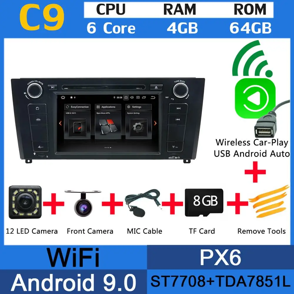 PX6 4G+ 64G авто радио Android 9,0 для BMW 1 серии E81 E82 E88 автомобильный DVD мультимедийный плеер gps навигация DVR CarPlay DSP стерео - Цвет: PX6 Wireless CarPlay