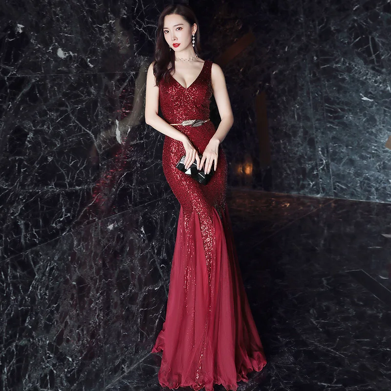 AE477 халат De Soiree 2019 новые сексуальные v-образный вырез Русалка без рукавов темно-красные длинные элегантные вечерние платья Abendkleider