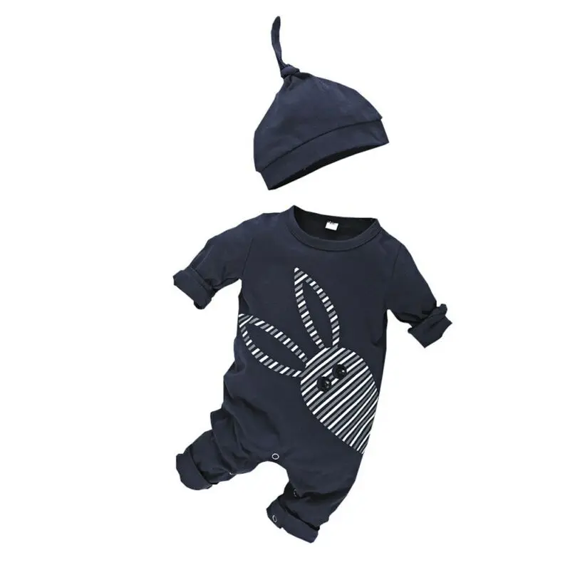 

2019 Newborn Baby Boy Autumn Clothes Long Sleeve Romper Bodysuit Jumpsuit Outfit +Hat 2pcs Set
