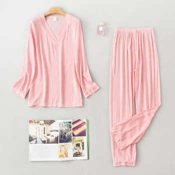 

Spring Summer Cotton Women Pajamas Set 2PCS Sleepwear Suit Long Sleeve V-neck Nightwear Shirt&pant Casual Loose Home Clothes XXL