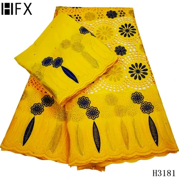 

HFX 5+2yards/set latest African laces 2020 high quality Nigerian Swiss voile lace 100% cotton lace fabric yellow for women F3181