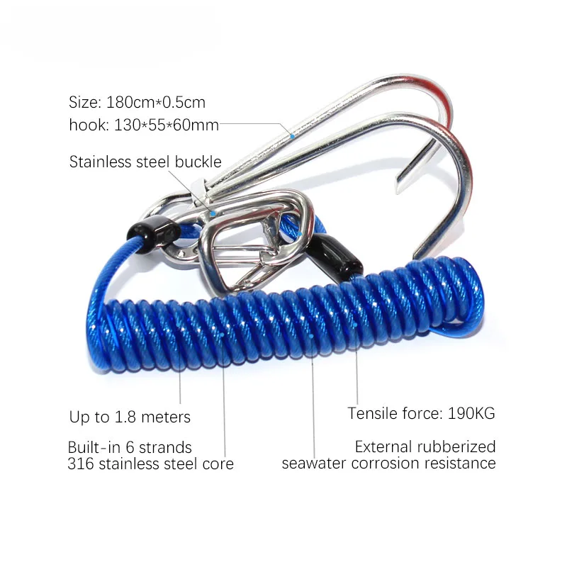 Gancio Da Immersione In Acciaio Inox 316 Con Cordino A Spirale E Fibbia A Sgancio Rapido – Blu, Per Subacquea E Fotografia Sub - 4