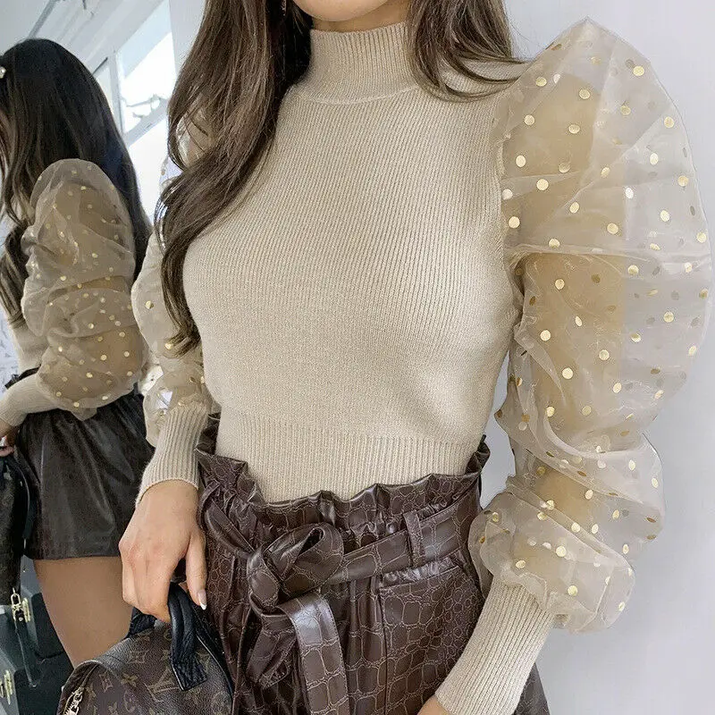 Blusas transparentes de malla transparente para mujer 2020 nueva moda elegante Delgado Polka Dot Puff camisas de manga larga cuello alto blusa de - AliExpress Ropa de mujer