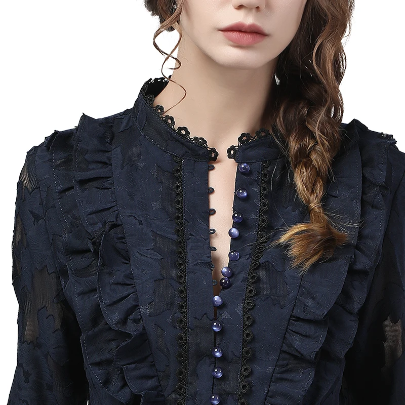 Flared Sleeve Lace Tops Women Autumn New Fashion Long Sleeved Ruffles Mesh Shirts Loose Plus Size Female Causal Office Blouses 5