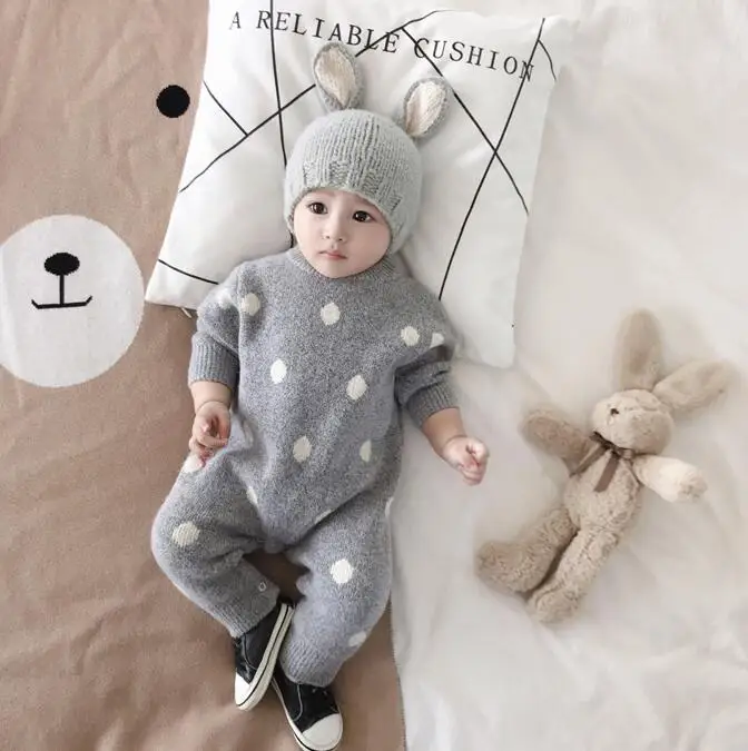 New Style Babys Girls Boys Dots Knitted Romper Cotton Autumn Winter Babys Jumpsuit 6-24 Month PQ43 - Цвет: Серый