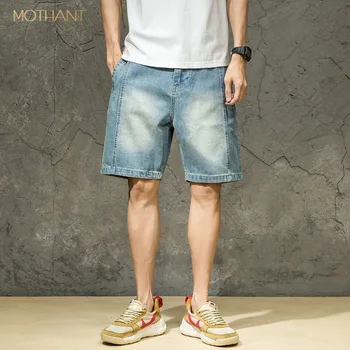 

Summer straight denim 5 points pants men's Japanese loose tide brand splicing models plus fertilizer XL five points denim pants