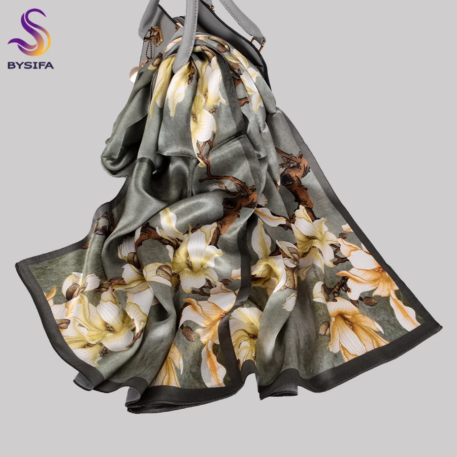 

BYSIFA|Fashion Grey Green Scarves Shawls Echarpes Female Magnolia Design 100% Pure Silk Long Scarf Elegant Women Warm Scarf Cape