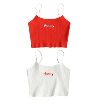 

Women Sexy Spaghetti Strap Crop Top Ribbed Knit Stretch Camisole Honey Letters Embroidery Mini Vest Festival Party Clubwear XS-S