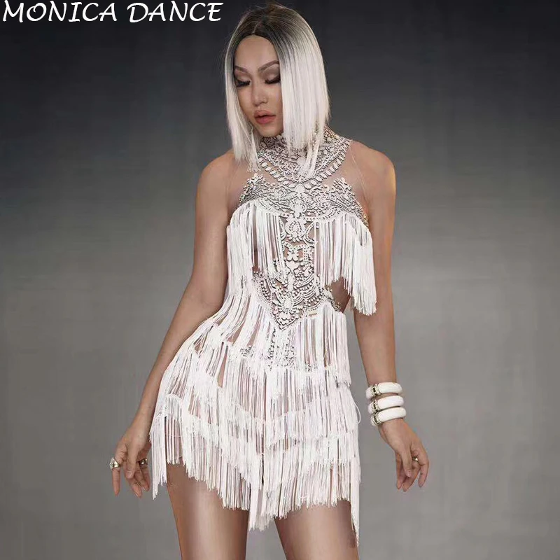 

Women Sexy Stage White Fringes Dress Stretch Sleeveless Outfit stage Sexy Skinny Costume Birthday prom show One-piece Dress