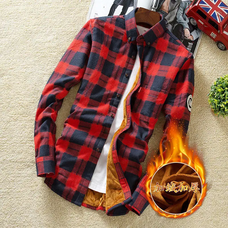 Plaid 08 4XL 5XL большой размер мужская деловая Повседневная клетчатая рубашка с длинными рукавами бархатная Толстая Теплая мужская деловая платье-рубашка в полоску плюс - Цвет: Plaid 08
