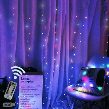 

USB 13 keys RF Remote Control 3*3M Silver WireLED Curtain String Lights with hook Fairy Garland For Christmas Outdoor Wedding