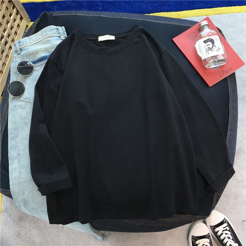 Весенняя Однотонная футболка Харадзюку, Женская Базовая Корейская футболка с длинным рукавом, Женские топы с длинным рукавом, черная белая женская футболка - Цвет: MaY 3352 hei