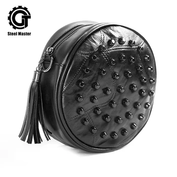 

Punk Women's Shoulder Bag Rivet Black Leather Round Shape Tassal Crossbody Bag
