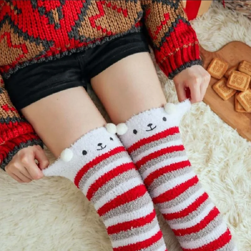 Новинка, рождественские модели, женские носки выше колена коралловые бархатные теплые носки с объемным рисунком женские высокие носки до бедра
