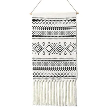 

Macrame Wall Hanging Bohemian Handmade Cotton Fringe Tassel Banner with Hanging Rod for Room Wall Decor (Sendia-Black)