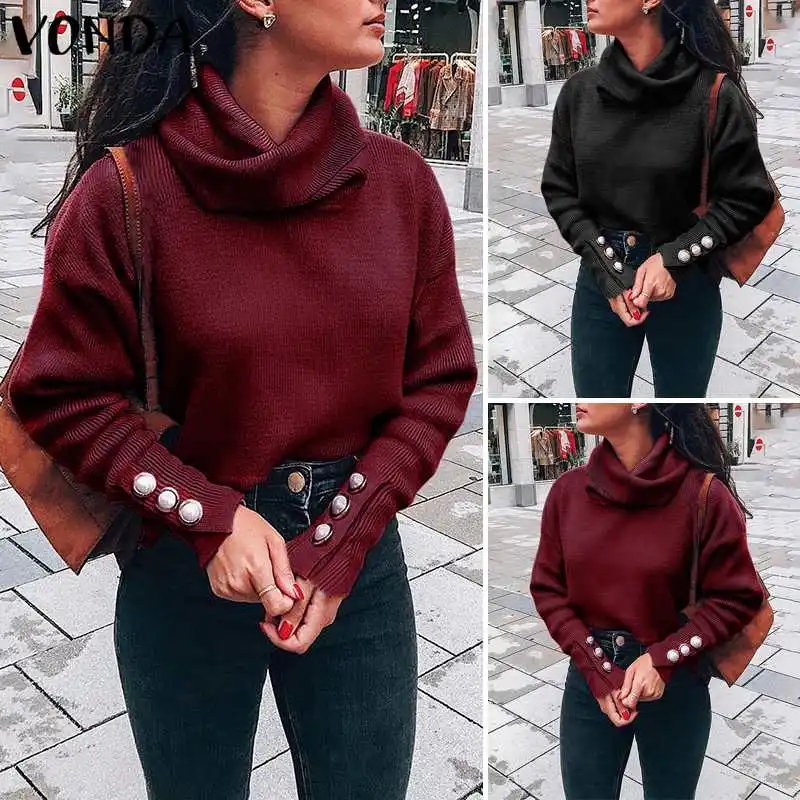  VONDA Women Autumn Long Sleeve Tops And Blouse 2019 Female TurtleNeck Shirts Spring Winter Blouse B