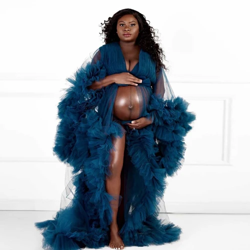 

Blue Black Ruffles Maternity Tulle Dresses Long Sleeve Women Customize Plus Size Tulle Dressing Gowns For Photo Shoot Tulle Robe