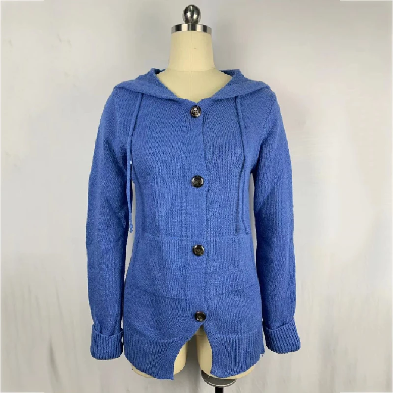 Women Autumn Winter Cardigan Thicken Long Coat Pure Color Triple Breasted Regular Hooded Jumper Coat Knitted Sweater Coat
