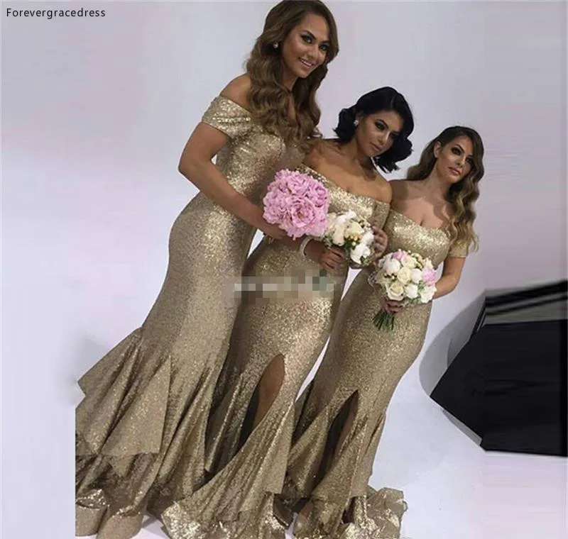 Plus Size Mermaid Sequined Bridesmaid Dress 2017 Sexy Off the Shoulder Cap Sleeves Ruffles Train Wedding Party Evening Gowns Prom with Split 122