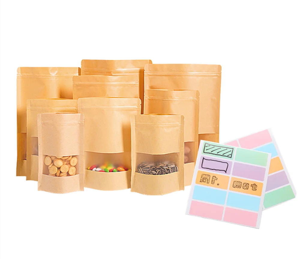 Kraft Food Bag 100pcs Storage Bags Reusable with Label Zip Lock Matte Window. | Дом и сад