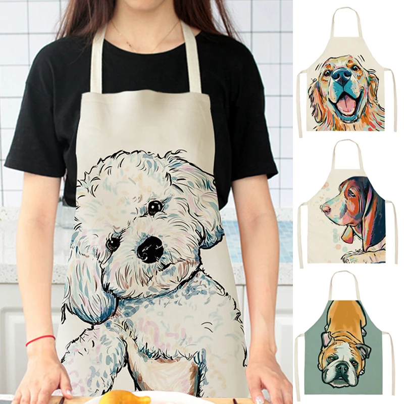 Kitchen Printed Cute Dog Cotton Sleeveless Apron Washable Linen Animal Aprons