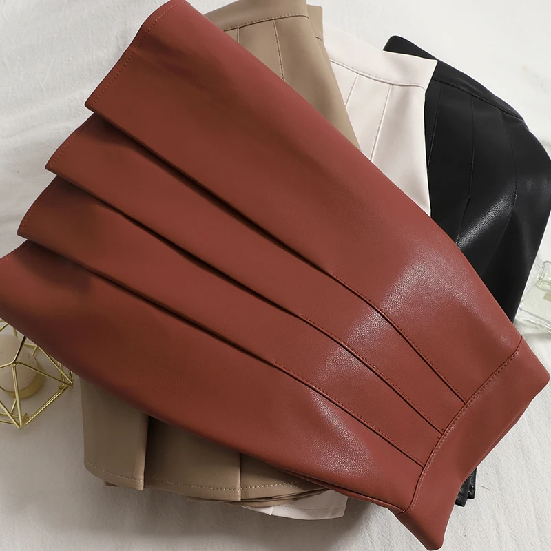 Fashion temperament PU leather solid pleated skirt female autumn Korean package hip high waist A-line mini skirts for women 2021 | Женская