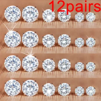 6/12 Pairs Classic Fashion Color AAA CZ Element Stud Earrings for Women Crystal Zircon Studs Earring Mens Jewelry Wholesale