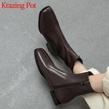 

Krazing pot basic design microfiber leather boots square toe simple style zip low heels winter leisure Chelsea ankle boots L01