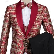 Новые модные мужские красный золото жаккардовые Привлекательный высокое качество Вечерние, пиджак+ брюки+ жилет, комплекты Мужской Повседневное приталенного блейзера, пальто, костюм