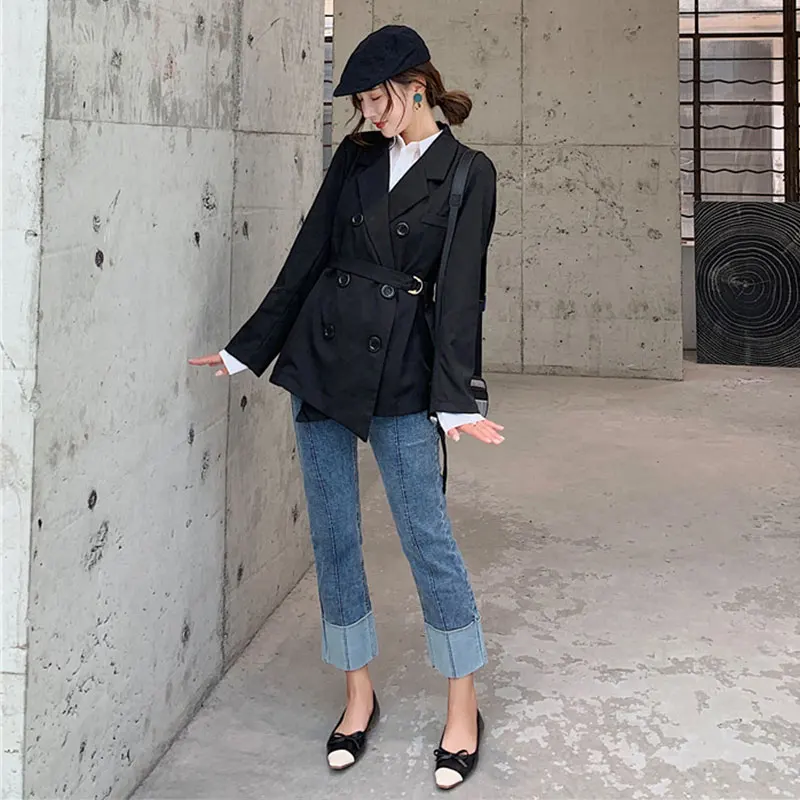 

2019 Autumn New Women's Net Red Loose High Waist Shape Thin Solid Color Double-Breasted Oblique Side Suit Long-Sleeved Jacket