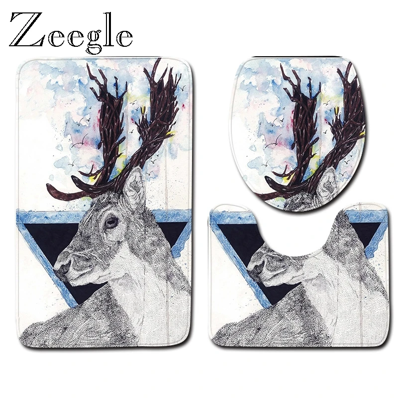 Zeegle Cartoon Wapiti Bath Mat Set 3pcs Toilet Suit Pedestal Rug Lid Toilet Cover Bathroom Entrance Mat Toilet Soft Floor Rug