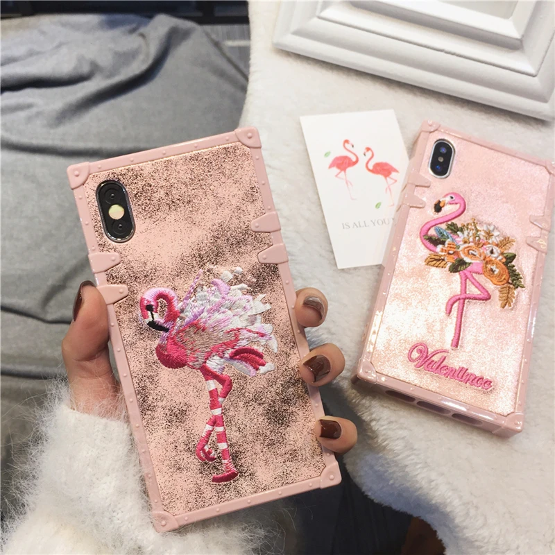 

Luxury Embroidery Flamingo Flower Phone Case For iPhone 11Pro MAX X 6 6s 7 8 Plus Pink Panther Phone Cover For iPhone XR XS Max