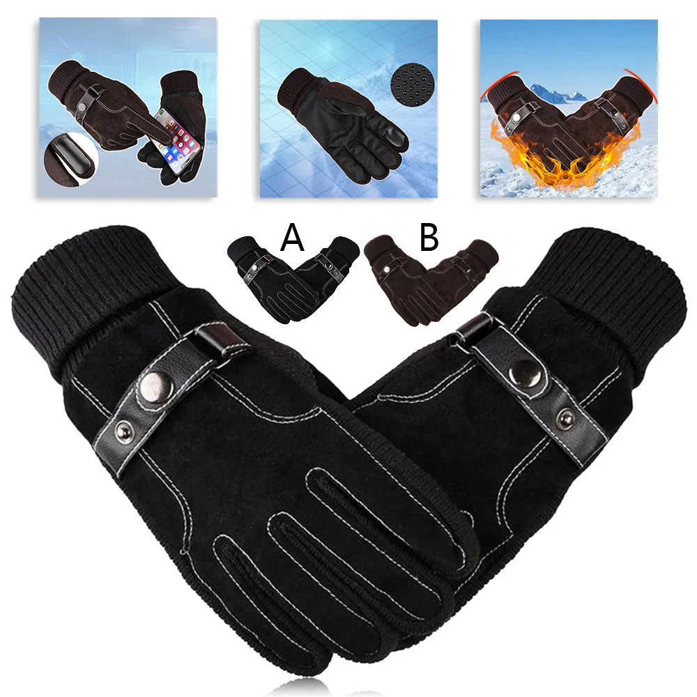 Мужские зимние перчатки кожаные зимние варежки противоскользящие теплые перчатки с сенсорным экраном ветрозащитные теплые шерстяные перчатки с пряжкой для мужчин