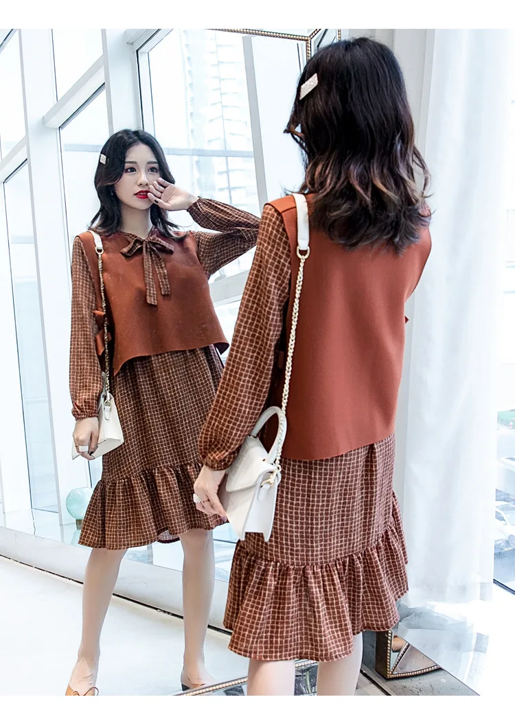 Fashion Womens Breastfeeding Dresses Autumn Winter Maternity Pregnant Nursing Dress 2 Pcs Long Sleeve Ruffles Pregnancy Clothes (13)