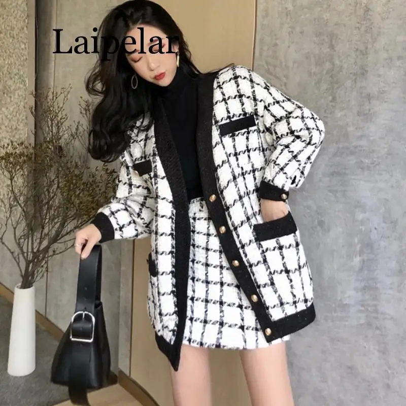 2019 Autumn Winter Fashion 2 Piece Set Women Long Sleeve Tweed Wool Jacket Coat+Mini Wool Skirt Set Ladies Vintage Clothing Sets spot new summer fashion brand tb short sleeve waffle wool four bar men s and women s round neck casual versatile t shirt