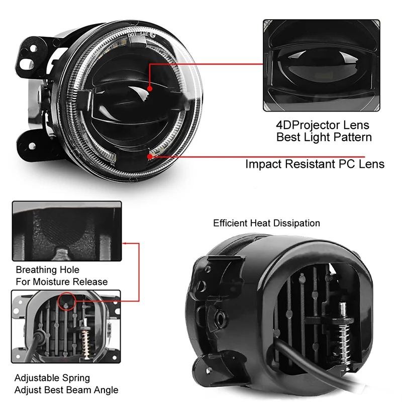 Racbox 4 inch Round car Led Fog Light 4D Projector lens White Halo DRL 6000K Fog Lamps For Jeep Wrangler JK TJ LJ Grand Cherokee