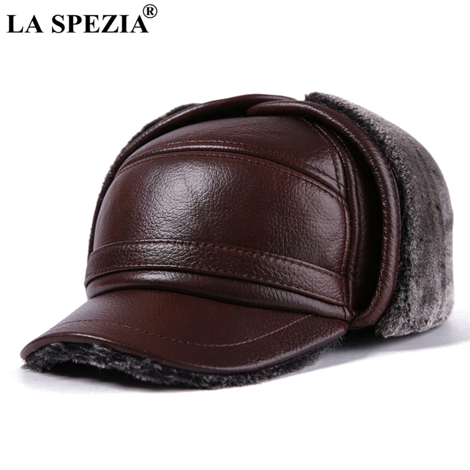 mad bomber trapper hat mens LA SPEZIA Winter Bomber Hat Men Russian Brown Leather Ushanka Cap With Ear Flaps Fur Warm Genuine Cow Leather Brand Baseball Cap orange mad bomber hat