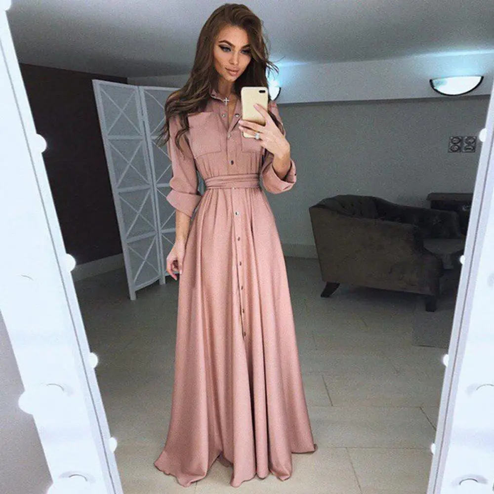 

Wipalo 2019 Spring Autumn Women Plus Size Maxi Dress Long Sleeve Button Party Dress Solid Boho Beach Dress Female Shirt Dress