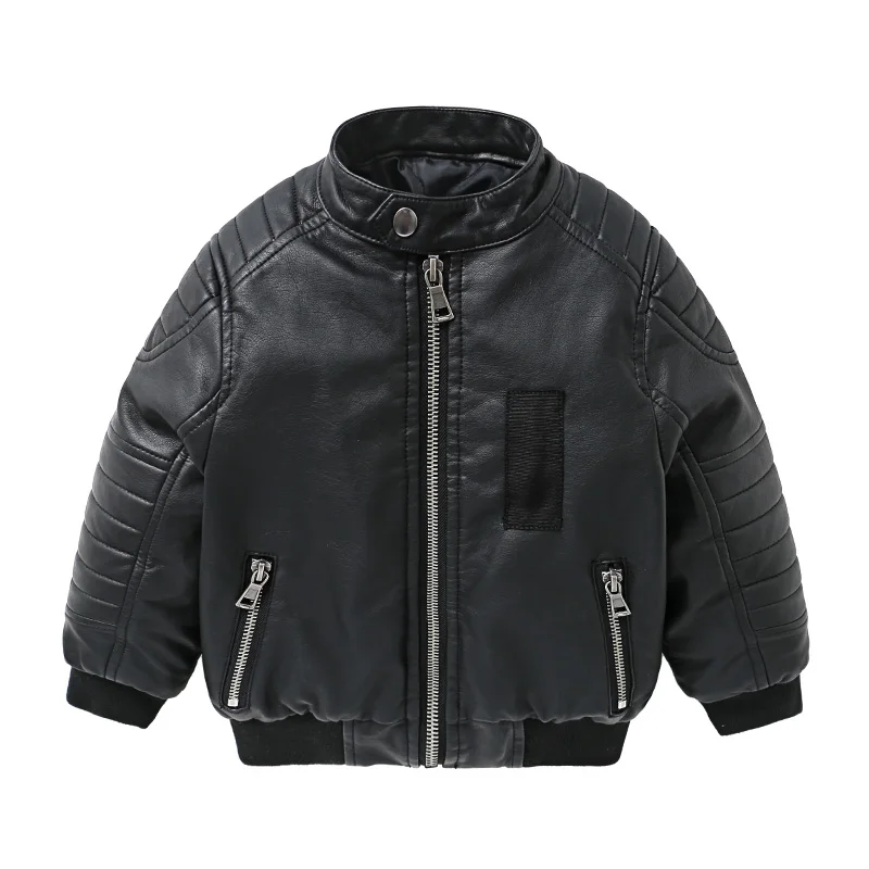 

Boys Thicken Cotton Leather Jacket Winter Children's Wear Solid Colour Motorcycle Leather Jacket with Zipper Children Outwear