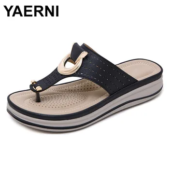 

YAERNI SIKETU marca mujer moda calle diapositivas verano cuero Metal cuñas zapatillas de gran tamaño hebilla de Metal zapatos de