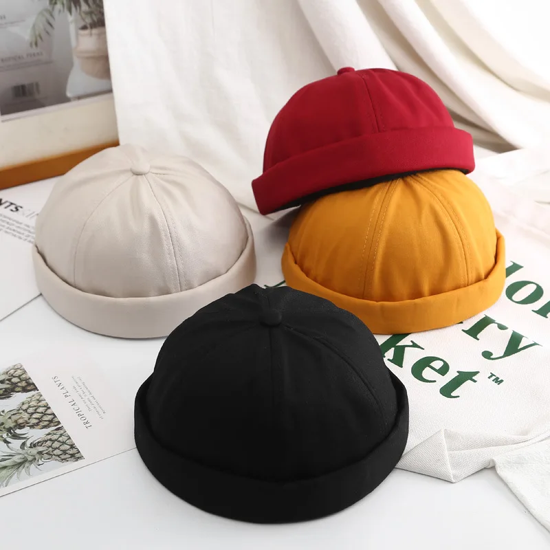 

Men Women Skullcap Sailor Cap Leaf Rivet Embroidery Warm Rolled Cuff Bucket Cap Brimless Hat Solid Color Adjustable Bucket Hats