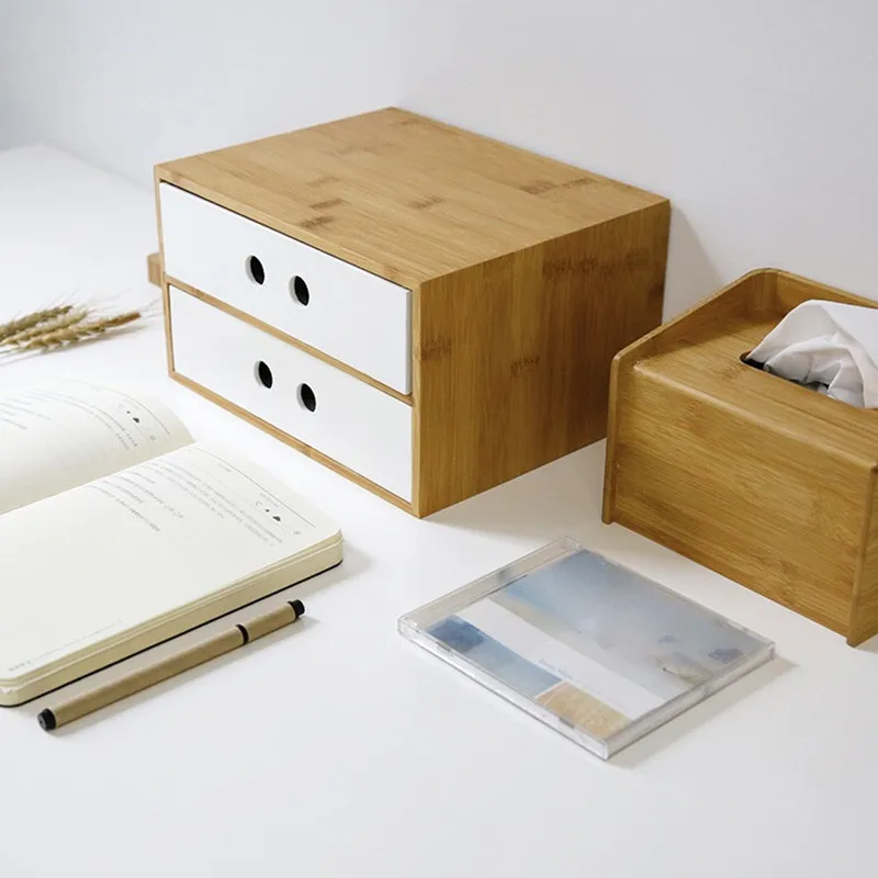 

Multi-function 2 Tier Bamboo Desk Storage Organizer with Sliding Drawers for Home Office Supplies, Jewelry, Toiletries, Crafts, etc